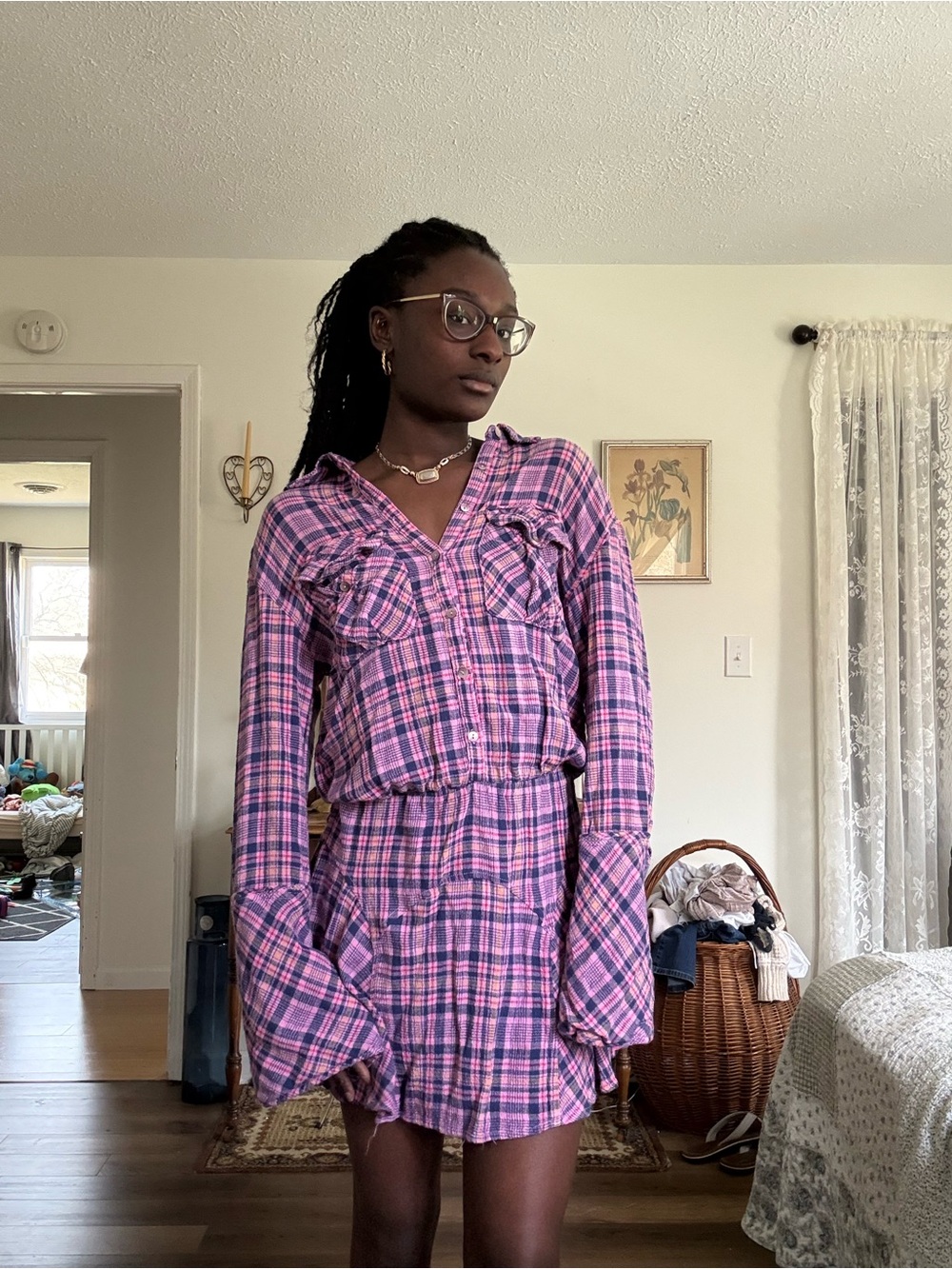 Free People Pink and Purple Plaid Shirt Dress